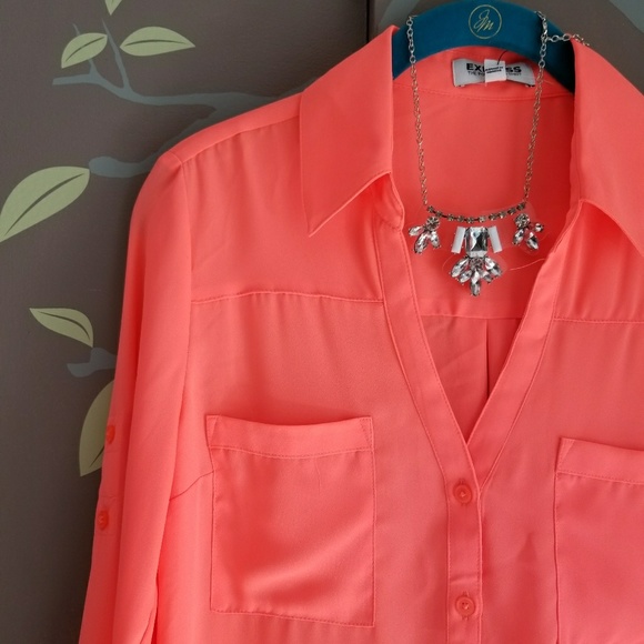 Express Tops - Express Portofino tab sleeve bright coral blouse